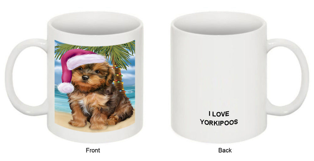 Summertime Happy Holidays Christmas Yorkipoo Dog on Tropical Island Beach Coffee Mug MUG49871