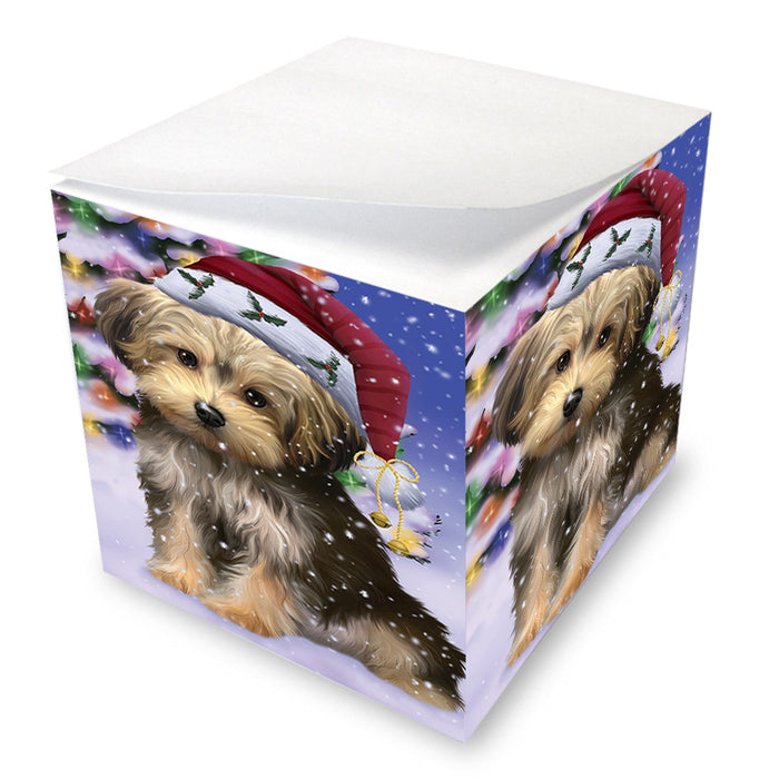 Winterland Wonderland Yorkipoo Dog In Christmas Holiday Scenic Background Note Cube NOC55439