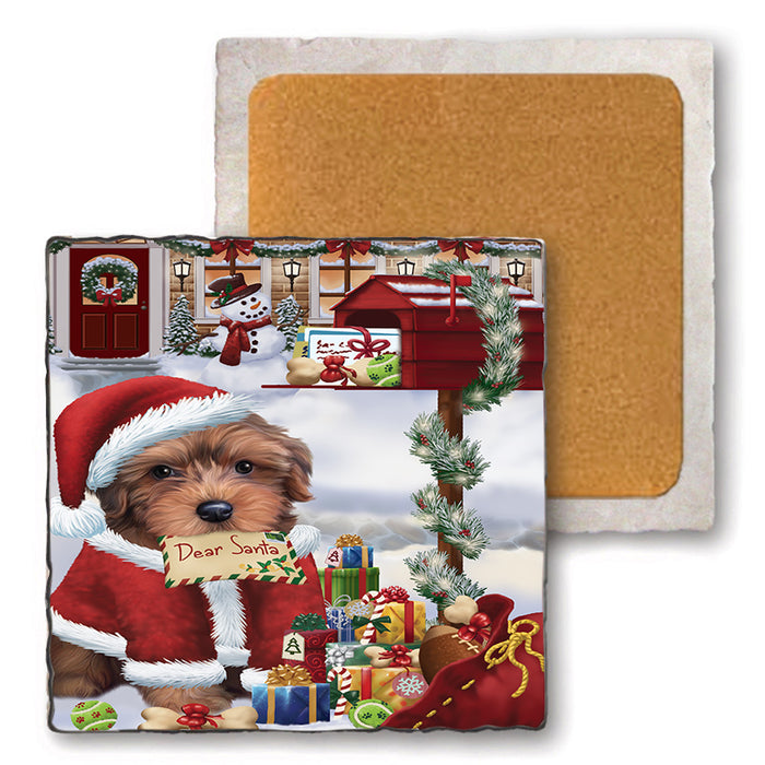 Yorkipoo Dog Dear Santa Letter Christmas Holiday Mailbox Set of 4 Natural Stone Marble Tile Coasters MCST48564