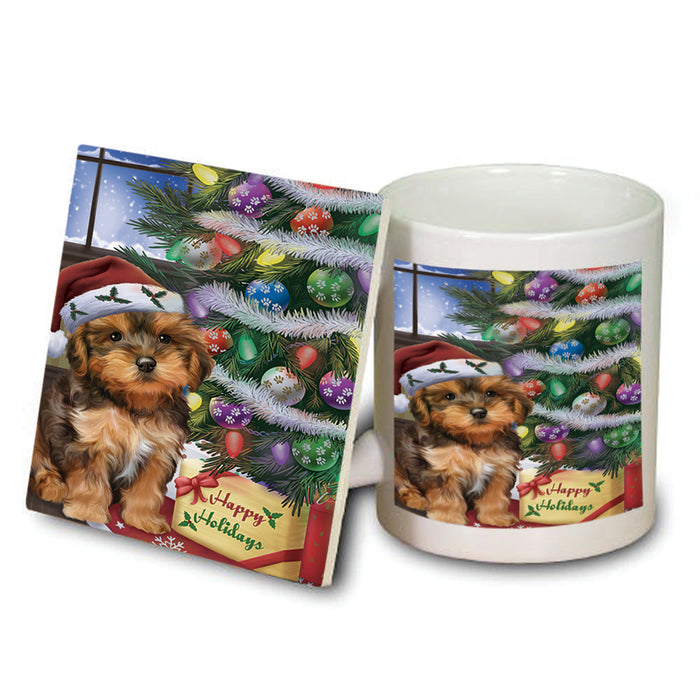 Christmas Happy Holidays Yorkipoo Dog with Tree and Presents Mug and Coaster Set MUC53476