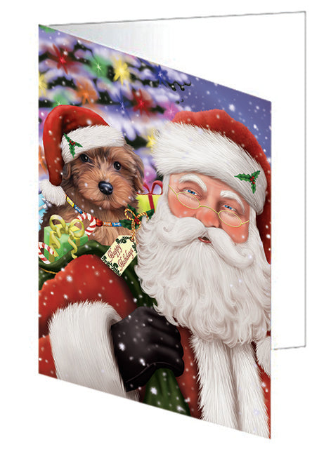 Santa Carrying Yorkipoo Dog and Christmas Presents Handmade Artwork Assorted Pets Greeting Cards and Note Cards with Envelopes for All Occasions and Holiday Seasons GCD65174