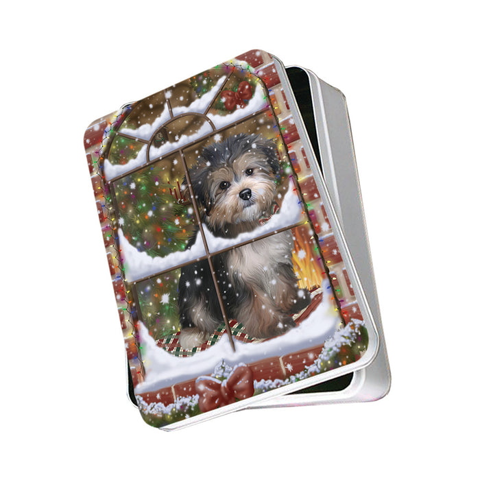 Please Come Home For Christmas Yorkipoo Dog Sitting In Window Photo Storage Tin PITN57572