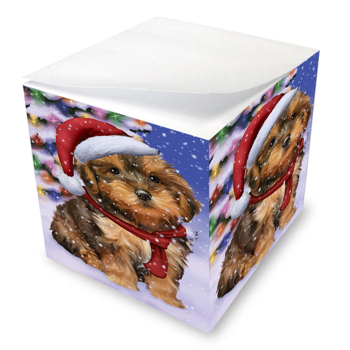 Winterland Wonderland Yorkipoo Dog In Christmas Holiday Scenic Background Note Cube NOC55440