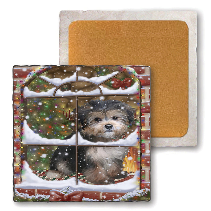 Please Come Home For Christmas Yorkipoo Dog Sitting In Window Set of 4 Natural Stone Marble Tile Coasters MCST48955