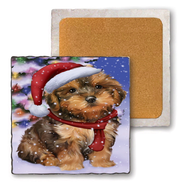 Winterland Wonderland Yorkipoo Dog In Christmas Holiday Scenic Background Set of 4 Natural Stone Marble Tile Coasters MCST48794