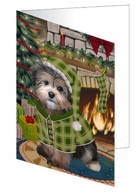 The Stocking was Hung Yorkipoo Dog Handmade Artwork Assorted Pets Greeting Cards and Note Cards with Envelopes for All Occasions and Holiday Seasons GCD71519