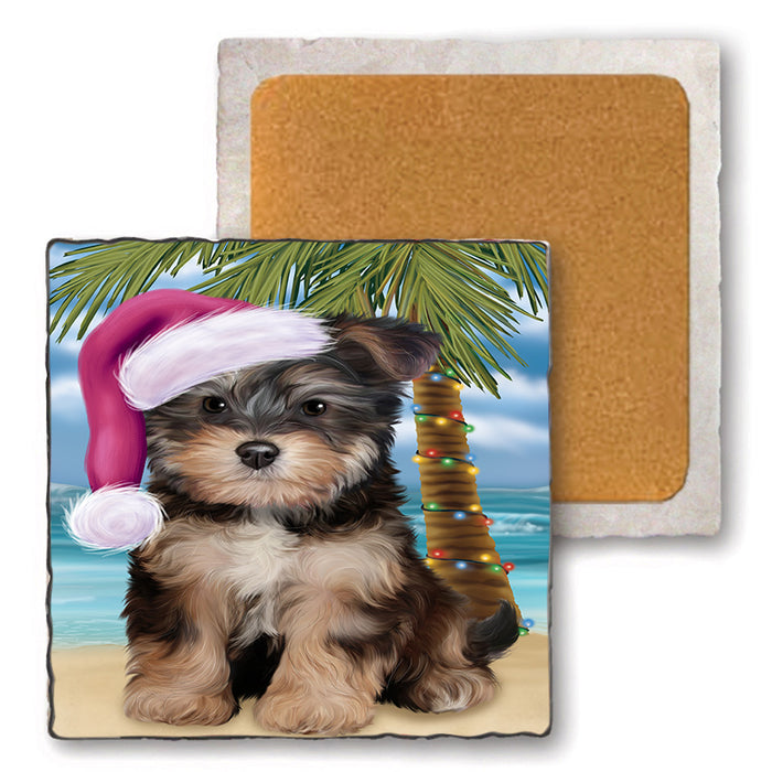 Summertime Happy Holidays Christmas Yorkipoo Dog on Tropical Island Beach Set of 4 Natural Stone Marble Tile Coasters MCST49474