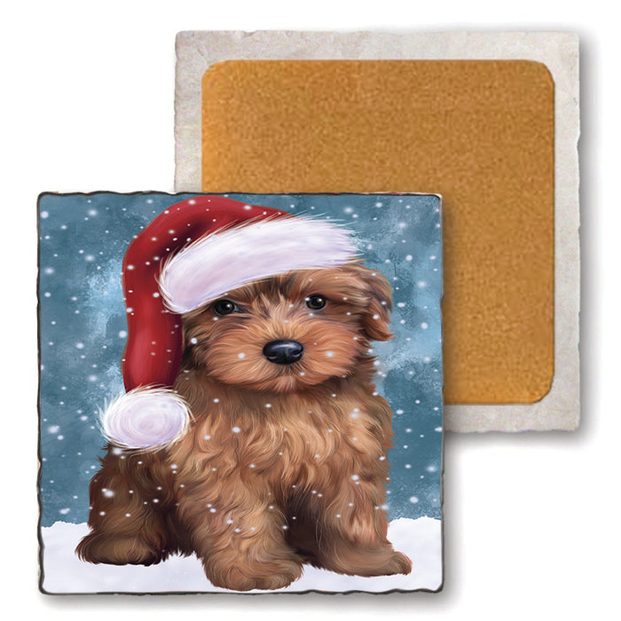 Let it Snow Christmas Holiday Yorkipoo Dog Wearing Santa Hat Set of 4 Natural Stone Marble Tile Coasters MCST49340