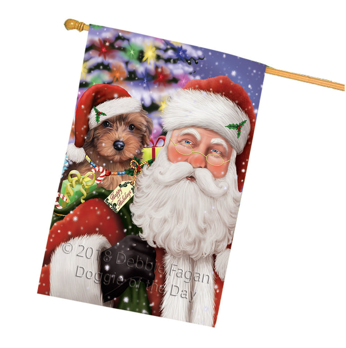 Santa Carrying Yorkipoo Dog and Christmas Presents House Flag FLG53913