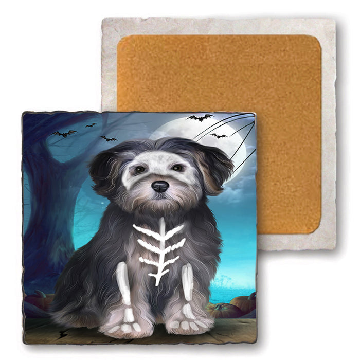 Happy Halloween Trick or Treat Yorkipoo Dog Set of 4 Natural Stone Marble Tile Coasters MCST49546