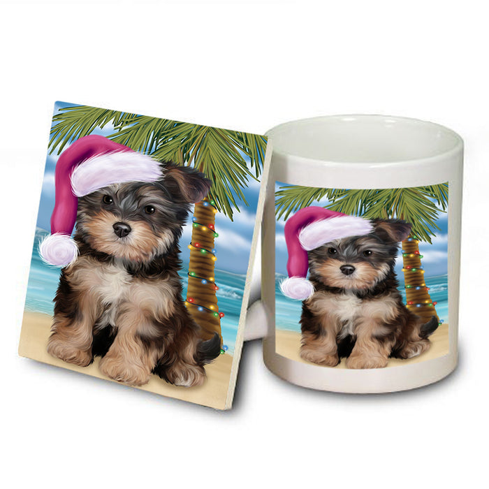 Summertime Happy Holidays Christmas Yorkipoo Dog on Tropical Island Beach Mug and Coaster Set MUC54466
