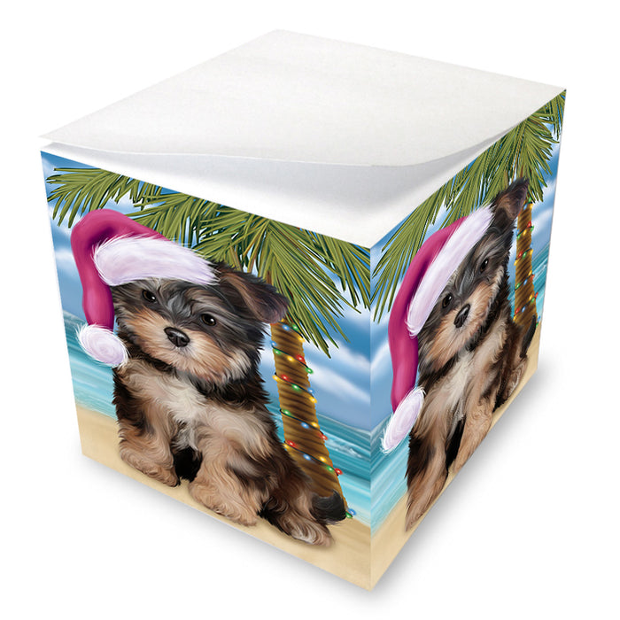 Summertime Happy Holidays Christmas Yorkipoo Dog on Tropical Island Beach Note Cube NOC56120