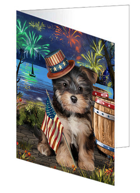 4th of July Independence Day Fireworks Yorkipoo Dog at the Lake Handmade Artwork Assorted Pets Greeting Cards and Note Cards with Envelopes for All Occasions and Holiday Seasons GCD57824