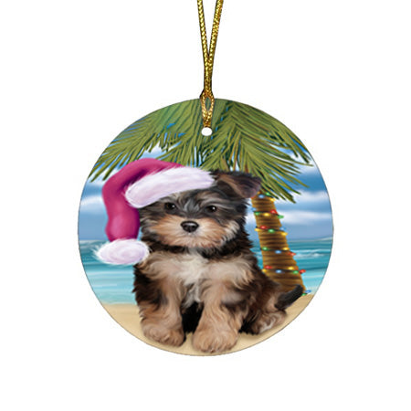 Summertime Happy Holidays Christmas Yorkipoo Dog on Tropical Island Beach Round Flat Christmas Ornament RFPOR54593
