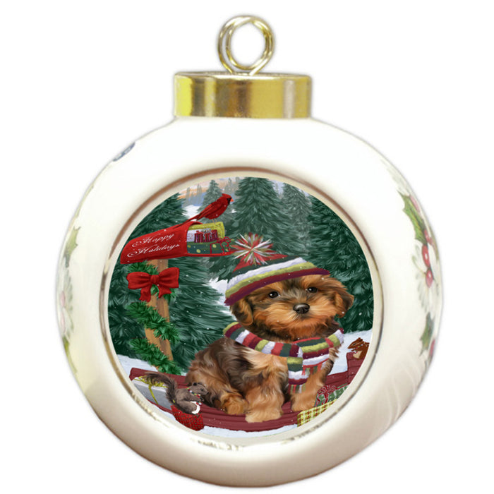Merry Christmas Woodland Sled Yorkipoo Dog Round Ball Christmas Ornament RBPOR55434