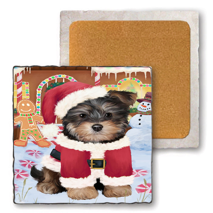Christmas Gingerbread House Candyfest Yorkipoo Dog Set of 4 Natural Stone Marble Tile Coasters MCST51606