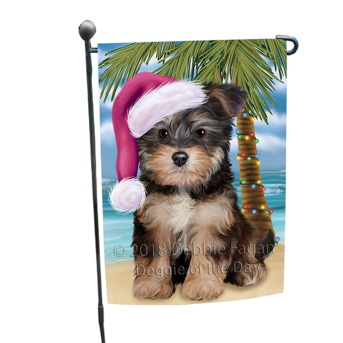 Summertime Happy Holidays Christmas Yorkipoo Dog on Tropical Island Beach Garden Flag GFLG54664