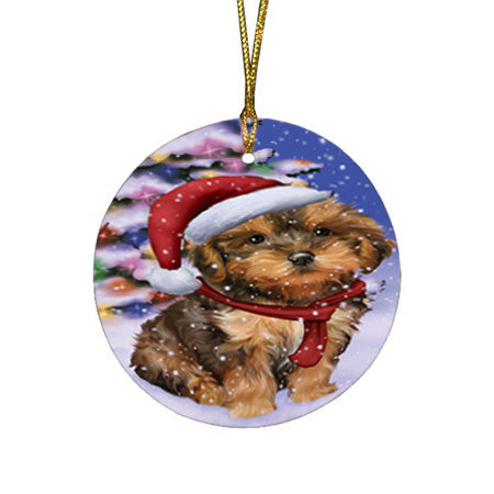 Winterland Wonderland Yorkipoo Dog In Christmas Holiday Scenic Background Round Flat Christmas Ornament RFPOR53785