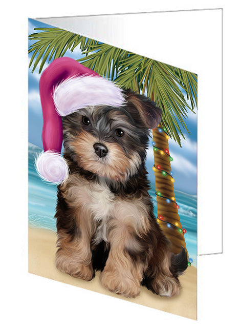 Summertime Happy Holidays Christmas Yorkipoo Dog on Tropical Island Beach Handmade Artwork Assorted Pets Greeting Cards and Note Cards with Envelopes for All Occasions and Holiday Seasons GCD67835
