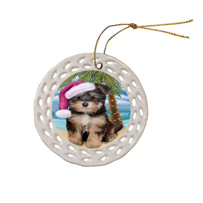 Summertime Happy Holidays Christmas Yorkipoo Dog on Tropical Island Beach Ceramic Doily Ornament DPOR54602