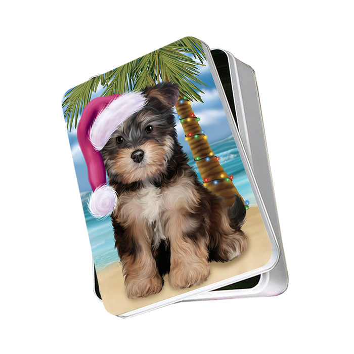 Summertime Happy Holidays Christmas Yorkipoo Dog on Tropical Island Beach Photo Storage Tin PITN54417