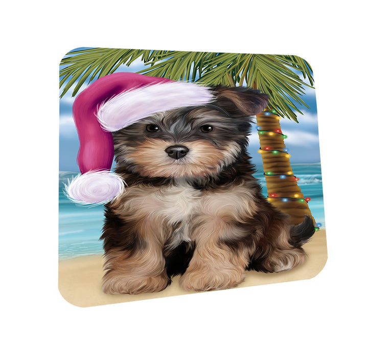 Summertime Happy Holidays Christmas Yorkipoo Dog on Tropical Island Beach Coasters Set of 4 CST54432