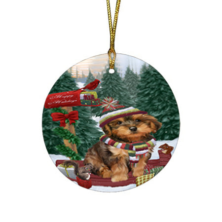Merry Christmas Woodland Sled Yorkipoo Dog Round Flat Christmas Ornament RFPOR55434