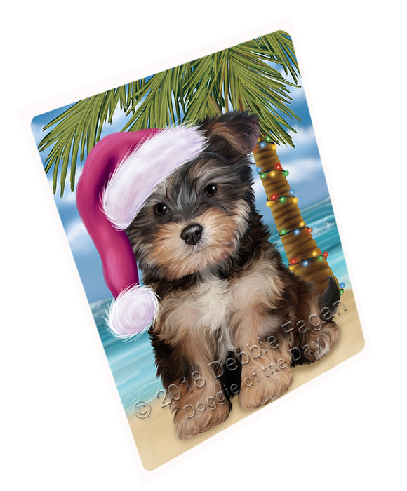 Summertime Happy Holidays Christmas Yorkipoo Dog on Tropical Island Beach Large Refrigerator / Dishwasher Magnet RMAG88494