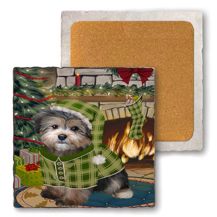 The Stocking was Hung Yorkipoo Dog Set of 4 Natural Stone Marble Tile Coasters MCST50668