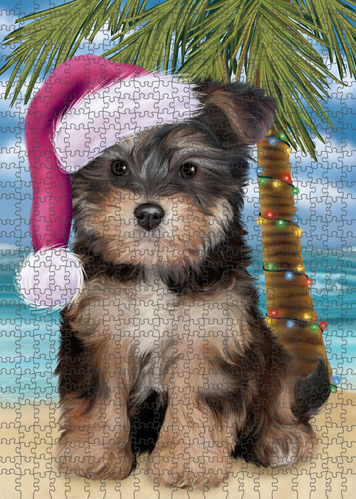 Summertime Happy Holidays Christmas Yorkipoo Dog on Tropical Island Beach Puzzle with Photo Tin PUZL85564
