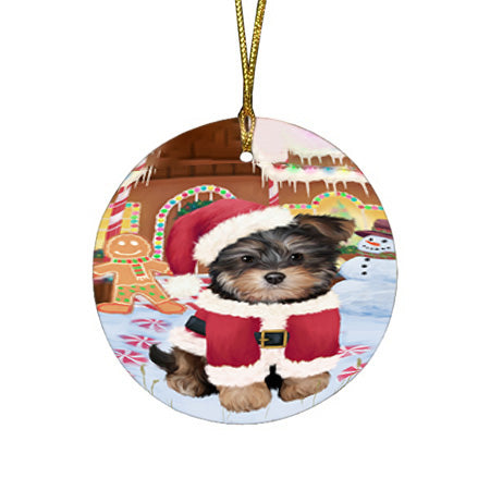 Christmas Gingerbread House Candyfest Yorkipoo Dog Round Flat Christmas Ornament RFPOR56962