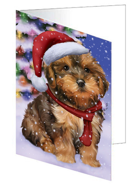 Winterland Wonderland Yorkipoo Dog In Christmas Holiday Scenic Background Handmade Artwork Assorted Pets Greeting Cards and Note Cards with Envelopes for All Occasions and Holiday Seasons GCD65411