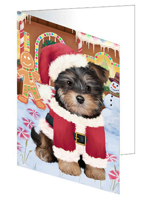 Christmas Gingerbread House Candyfest Yorkipoo Dog Handmade Artwork Assorted Pets Greeting Cards and Note Cards with Envelopes for All Occasions and Holiday Seasons GCD74333