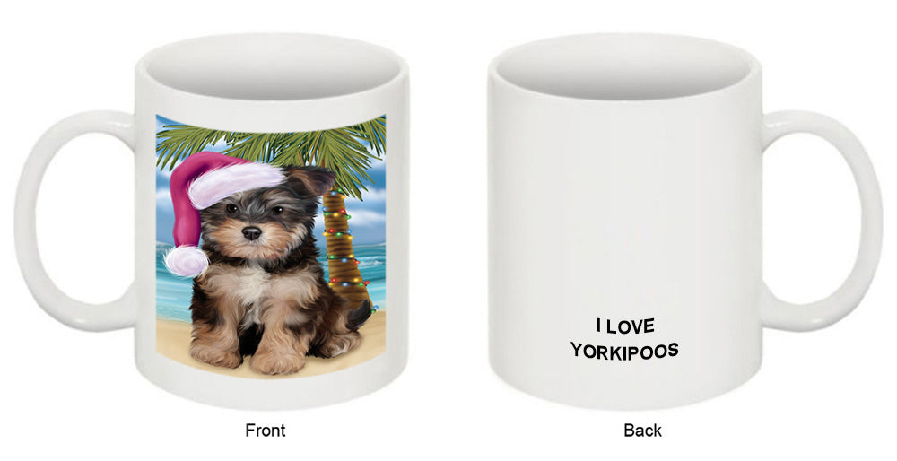 Summertime Happy Holidays Christmas Yorkipoo Dog on Tropical Island Beach Coffee Mug MUG49872