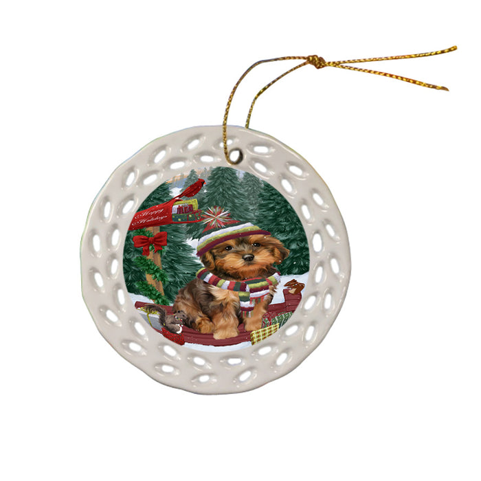 Merry Christmas Woodland Sled Yorkipoo Dog Ceramic Doily Ornament DPOR55434