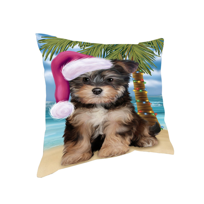 Summertime Happy Holidays Christmas Yorkipoo Dog on Tropical Island Beach Pillow PIL75032