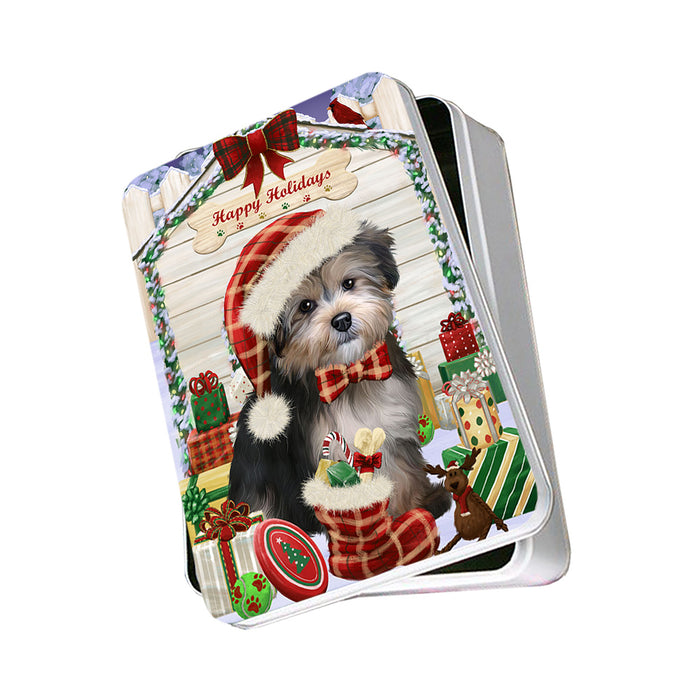 Happy Holidays Christmas Yorkipoo Dog House With Presents Photo Storage Tin PITN51538