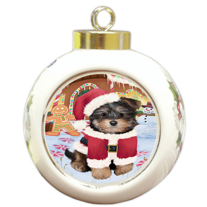 Christmas Gingerbread House Candyfest Yorkipoo Dog Round Ball Christmas Ornament RBPOR56962