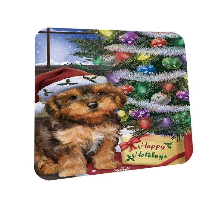 Christmas Happy Holidays Yorkipoo Dog with Tree and Presents Coasters Set of 4 CST53442
