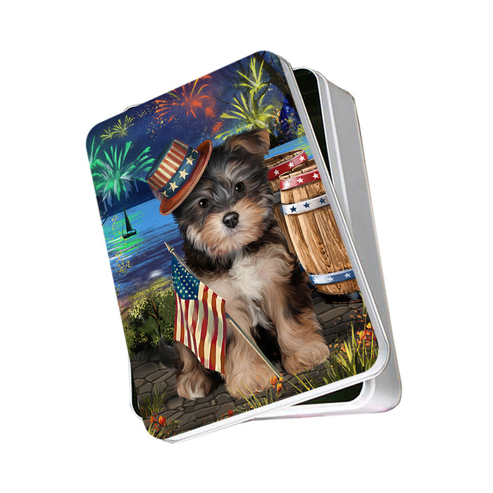 4th of July Independence Day Fireworks Yorkipoo Dog at the Lake Photo Storage Tin PITN51265