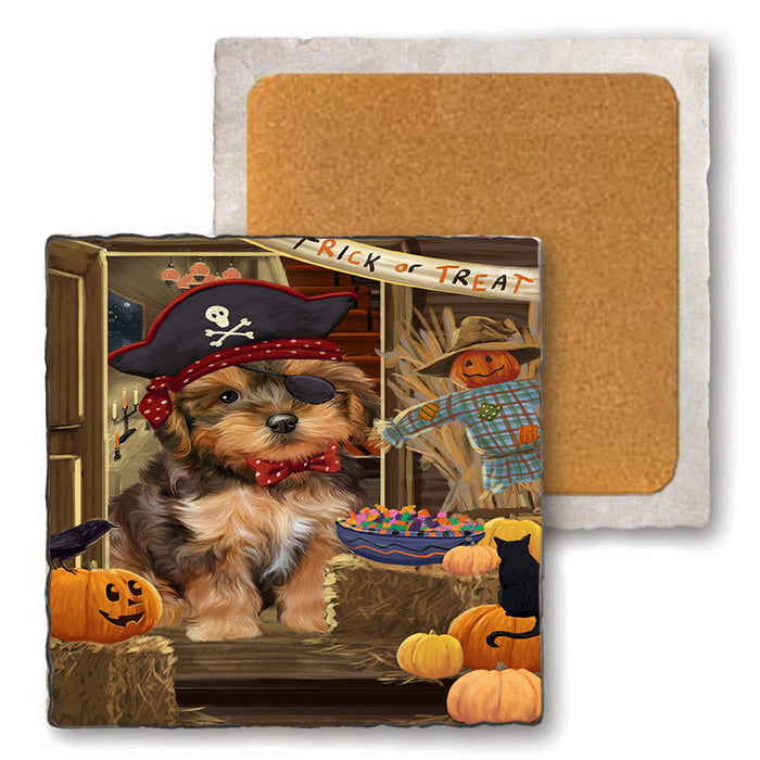 Enter at Own Risk Trick or Treat Halloween Yorkipoo Dog Set of 4 Natural Stone Marble Tile Coasters MCST48351