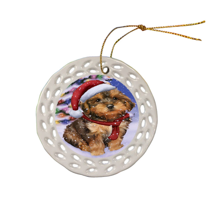 Winterland Wonderland Yorkipoo Dog In Christmas Holiday Scenic Background Ceramic Doily Ornament DPOR53794