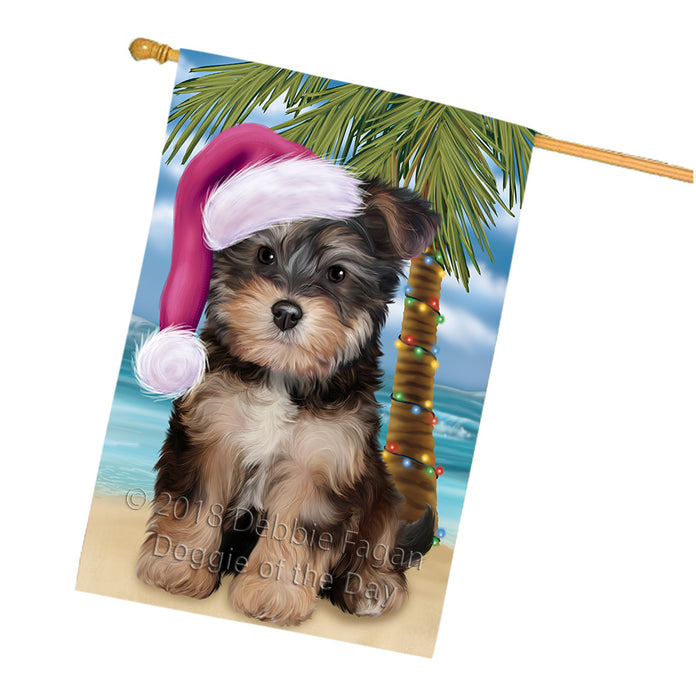 Summertime Happy Holidays Christmas Yorkipoo Dog on Tropical Island Beach House Flag FLG54800
