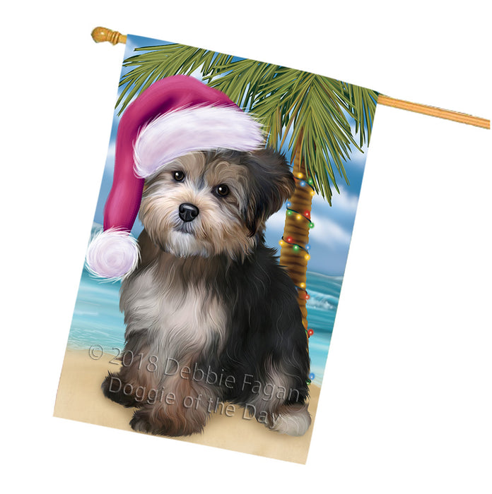 Summertime Happy Holidays Christmas Yorkipoo Dog on Tropical Island Beach House Flag FLG54801