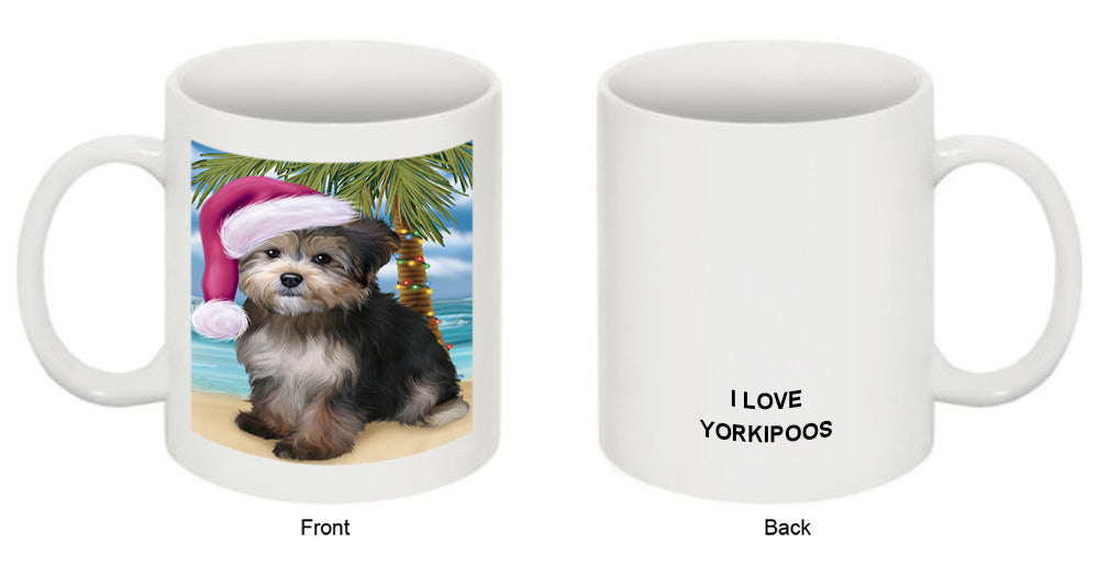 Summertime Happy Holidays Christmas Yorkipoo Dog on Tropical Island Beach Coffee Mug MUG49873