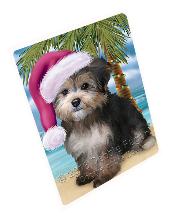 Summertime Happy Holidays Christmas Yorkipoo Dog on Tropical Island Beach Cutting Board C68253