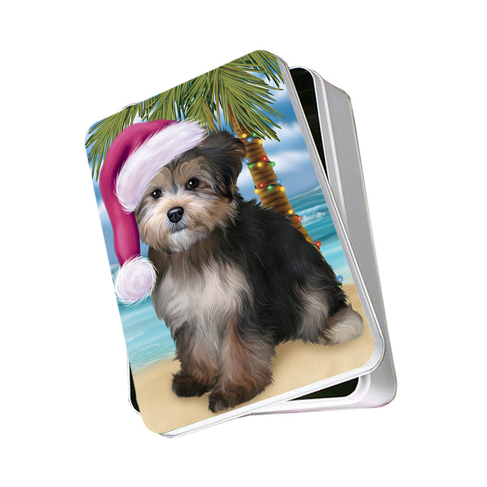 Summertime Happy Holidays Christmas Yorkipoo Dog on Tropical Island Beach Photo Storage Tin PITN54418