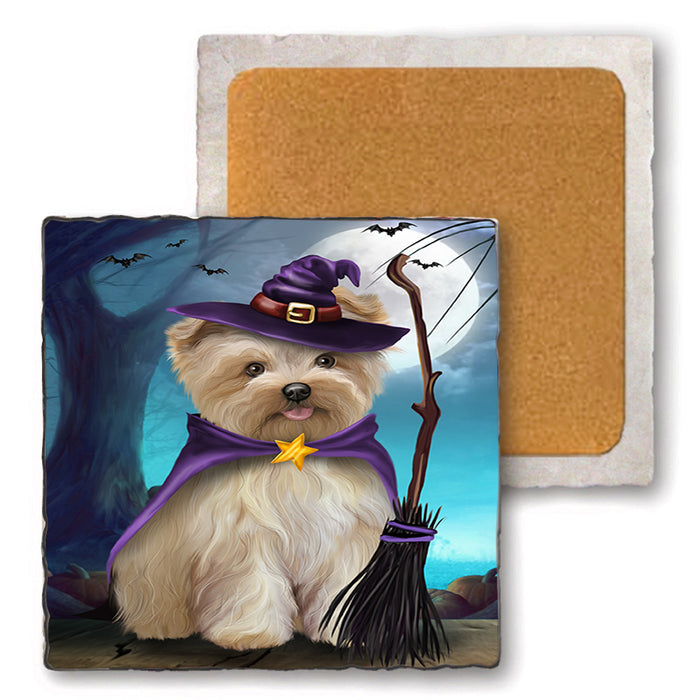 Happy Halloween Trick or Treat Yorkipoo Dog Set of 4 Natural Stone Marble Tile Coasters MCST49547