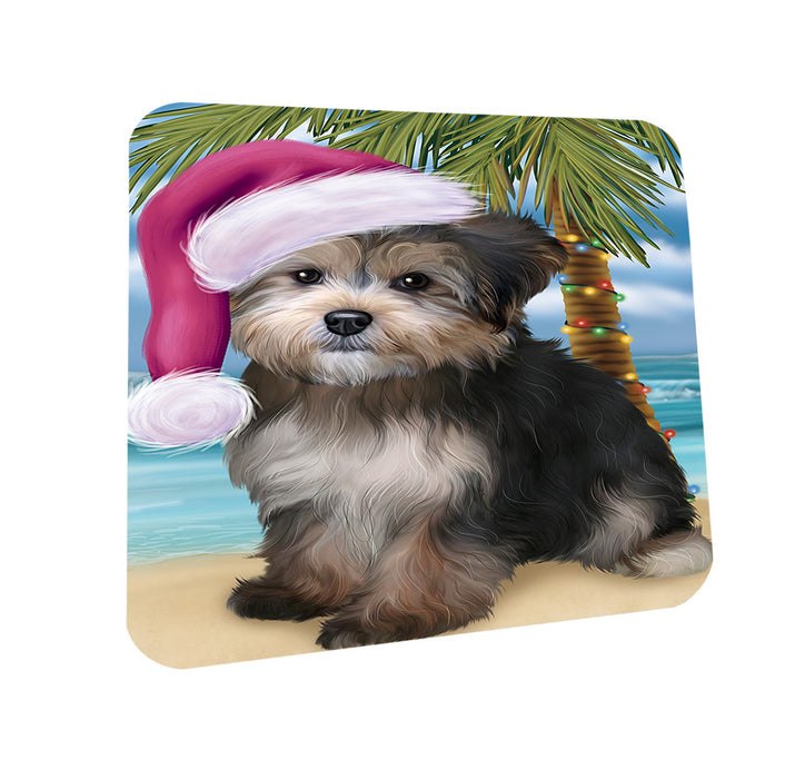 Summertime Happy Holidays Christmas Yorkipoo Dog on Tropical Island Beach Coasters Set of 4 CST54433