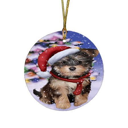 Winterland Wonderland Yorkipoo Dog In Christmas Holiday Scenic Background Round Flat Christmas Ornament RFPOR53786